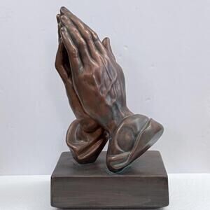 Vintage Ceramic Praying Hands 10"H x 5 3/4"W Brown Signed c1970s